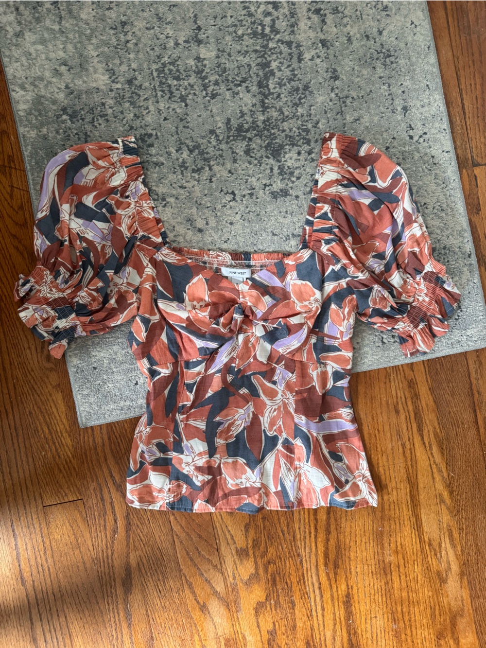 Nine West Rust Floral Square-Neck Puff Sleeve Crop Top